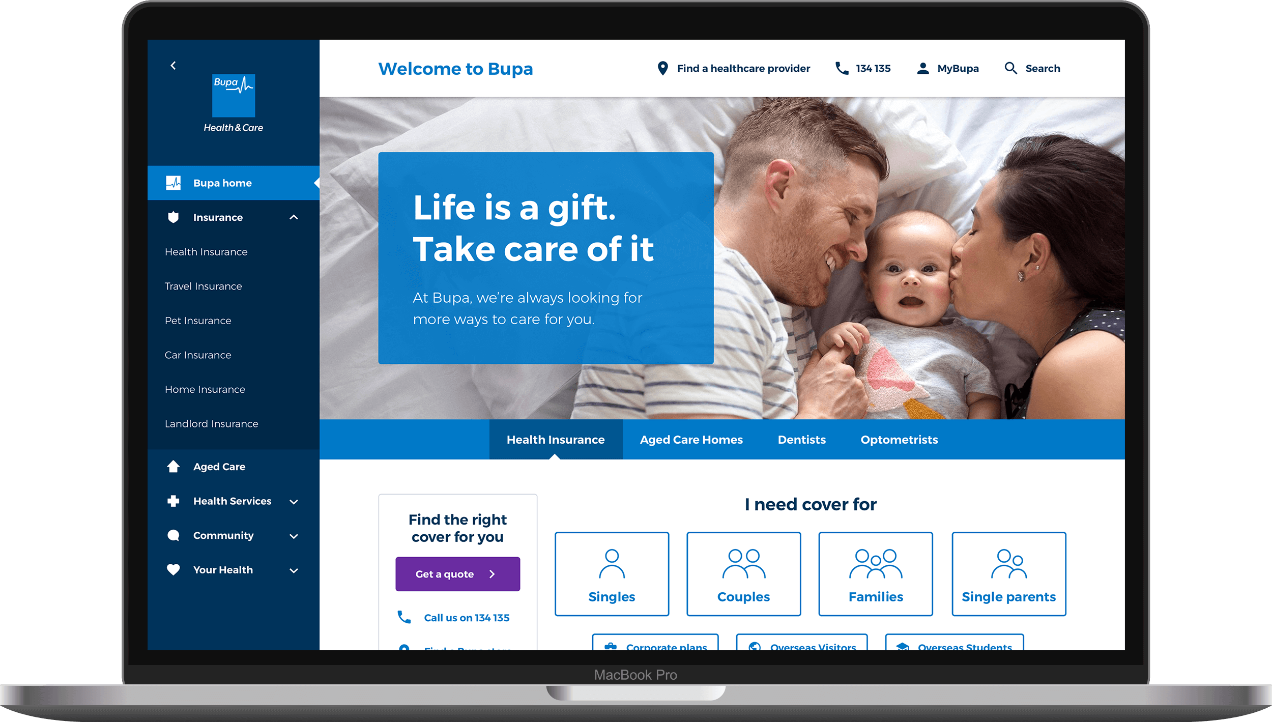 bupa homepage screen mockup